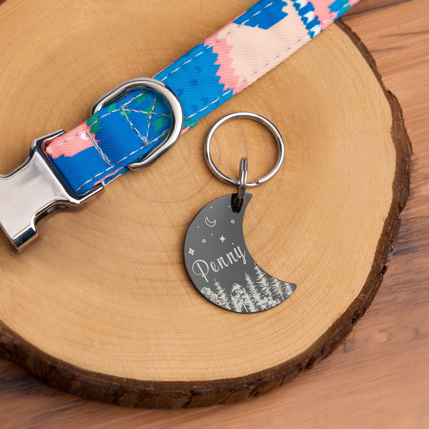 Personalized Woods and Stars Moon Shaped Dog ID Pet Tag