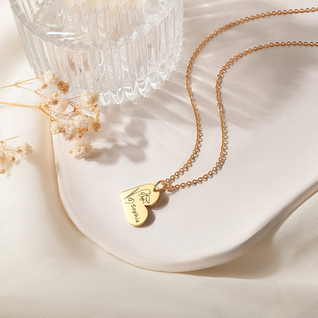 Personalized Mini Heart Text and Birth Flower Necklace