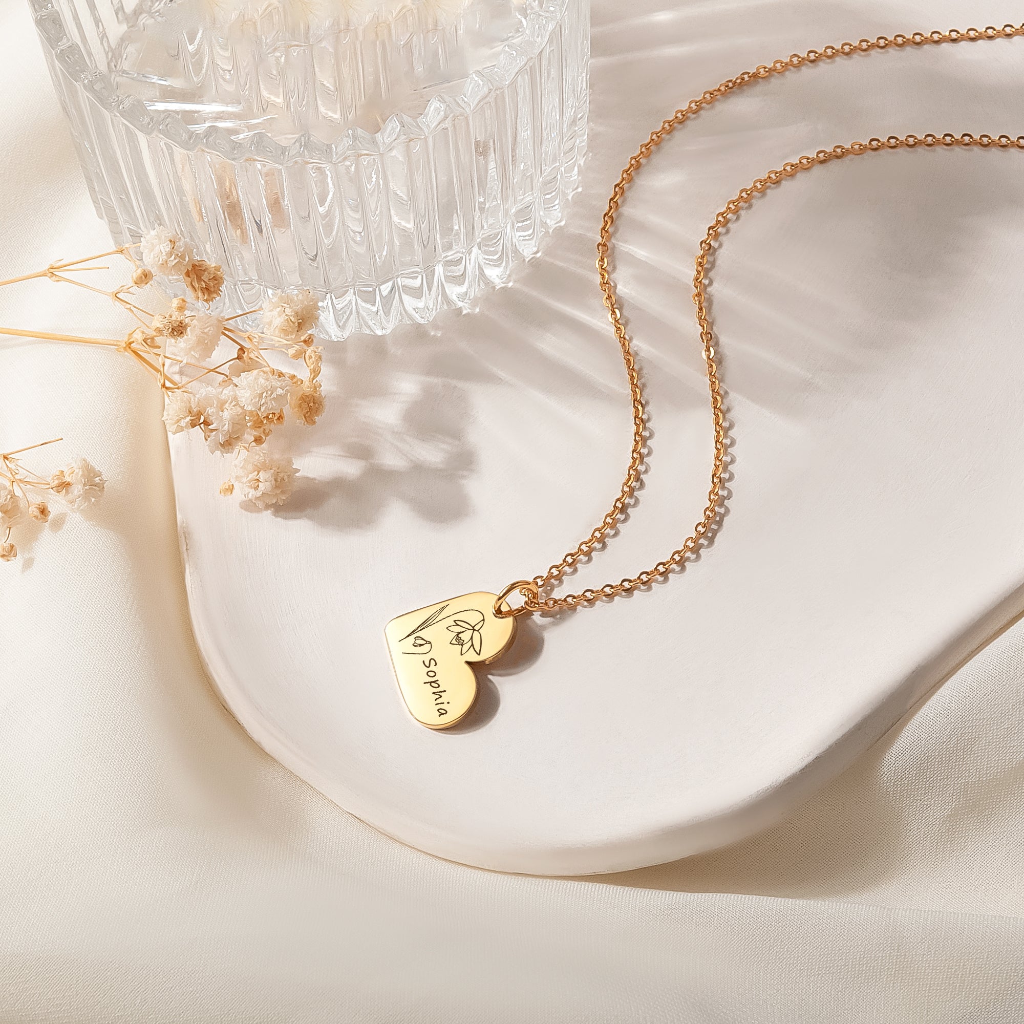 Personalized Mini Heart Text and Birth Flower Necklace