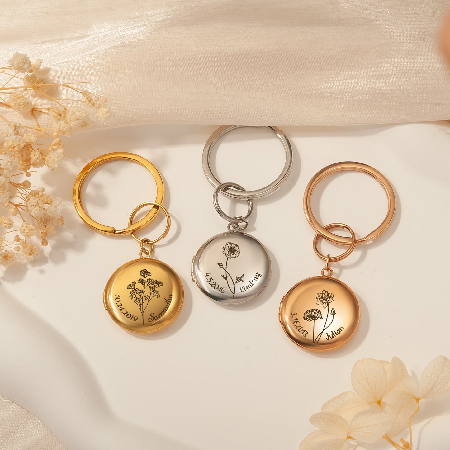 Custom Flower, Name, and Date Photo Locket Key Chain