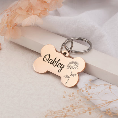 Customized Dog Bone Shaped Birth Flower ID Tag for Dogs