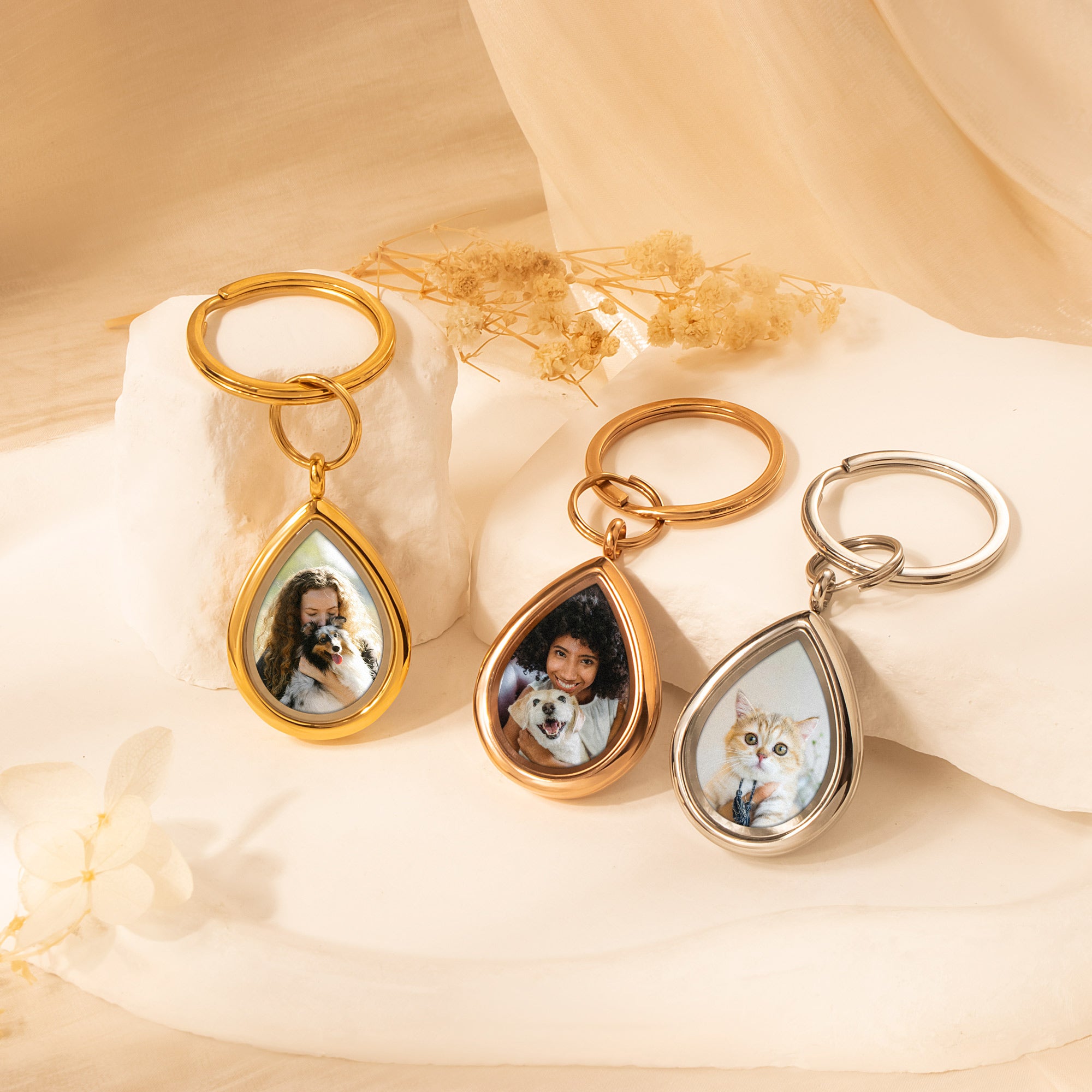 Glass Teardrop Pet Memorial Photo Locket Keychain