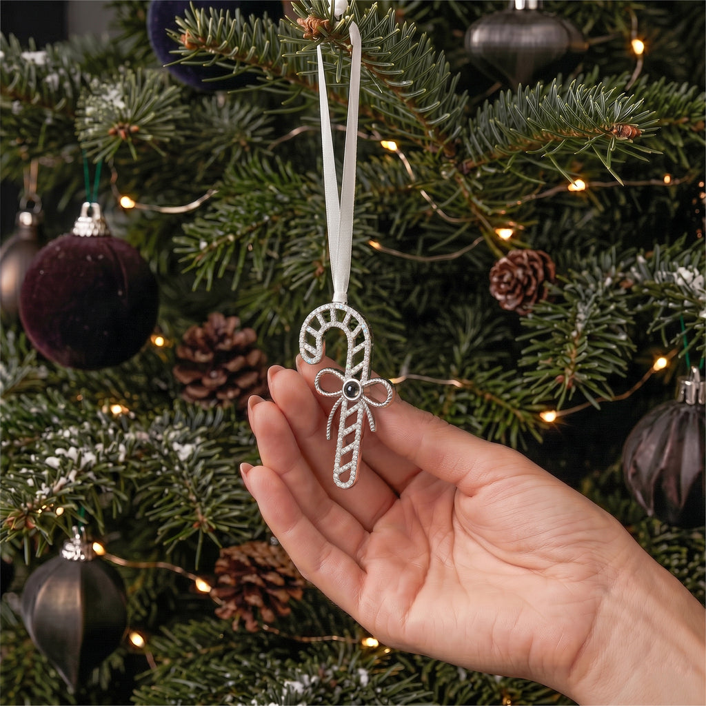 Custom Rhinestone Candy Cane Photo Projection Ornament