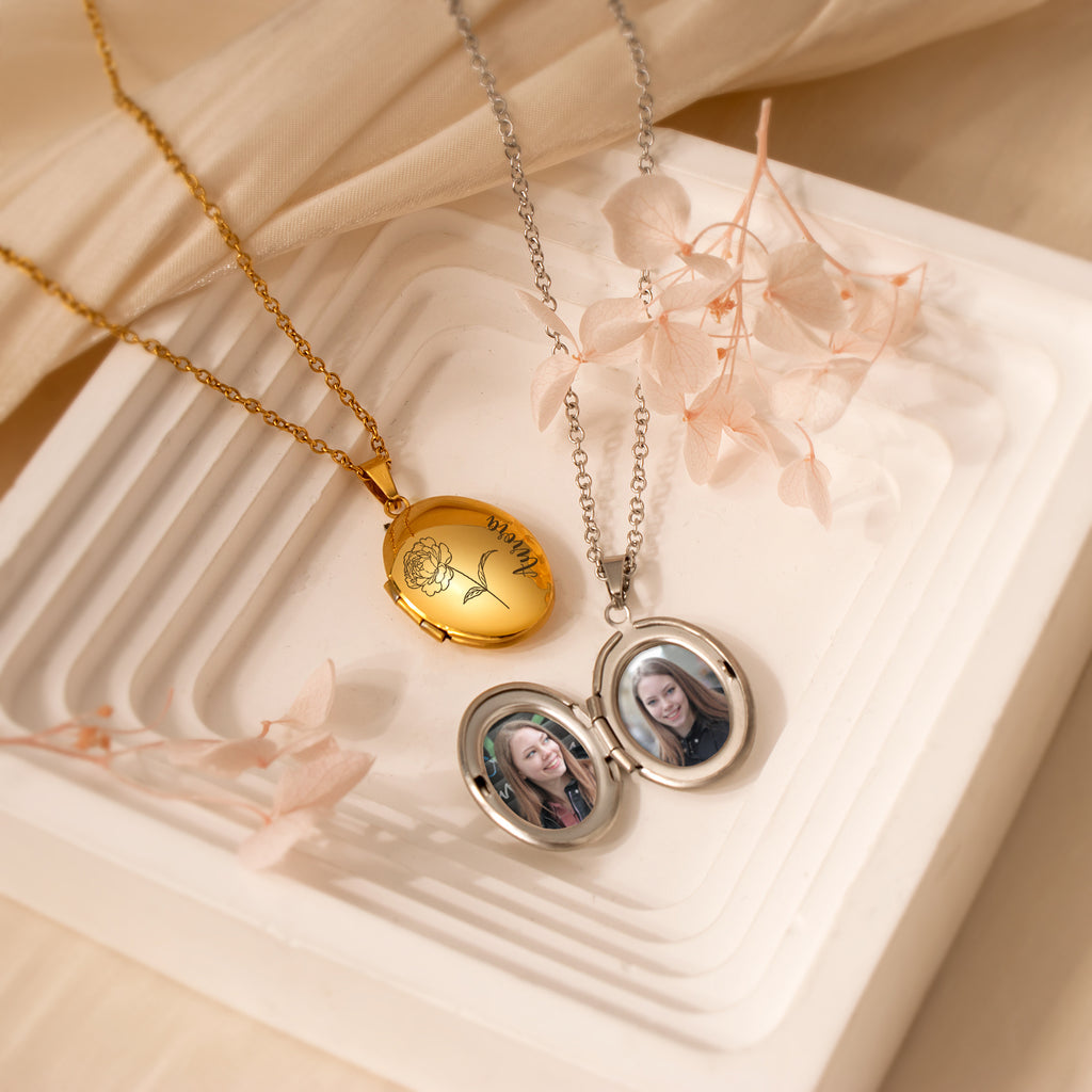 Oval Birth Flower and Name Photo Locket Necklace