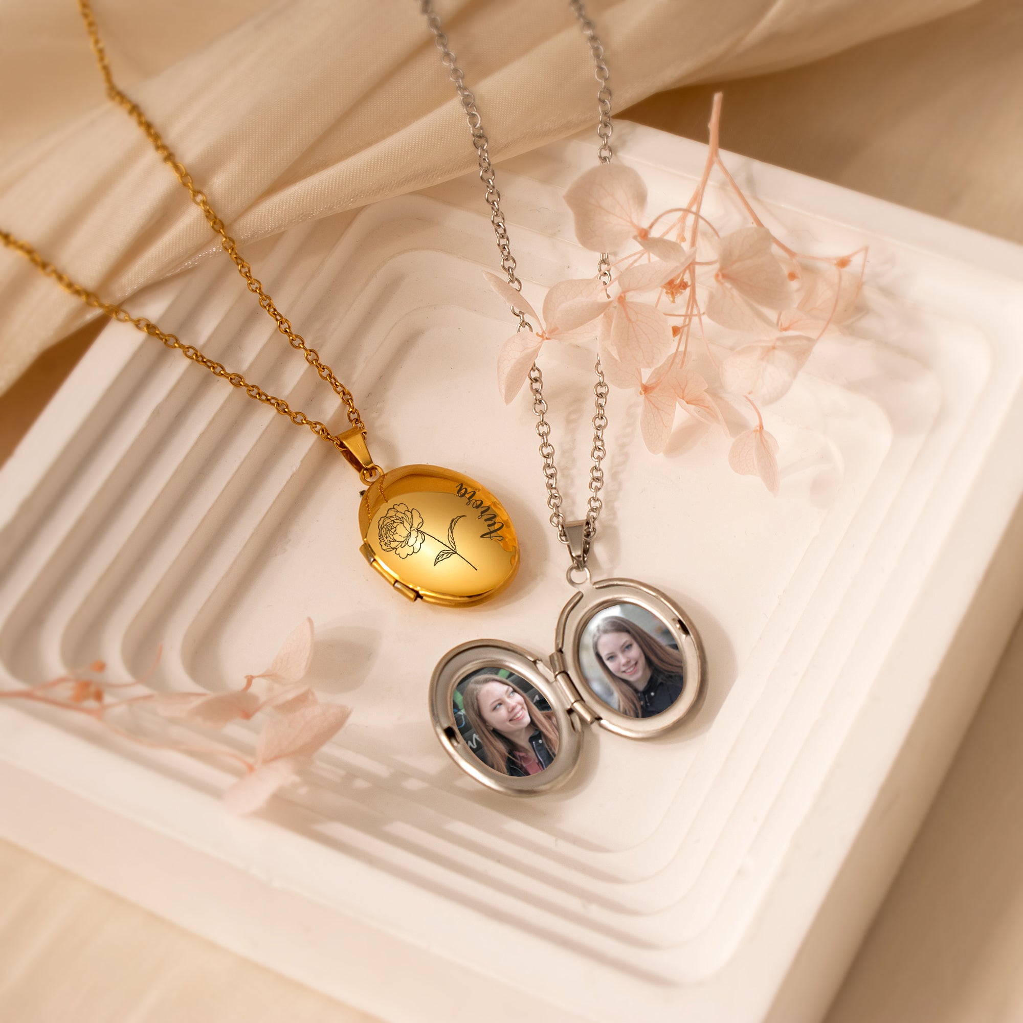 Oval Birth Flower and Name Photo Locket Necklace