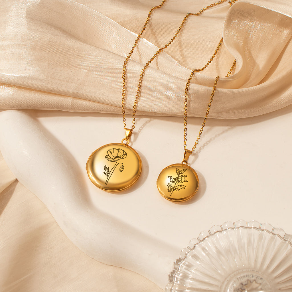 Round Birth Flower Photo Locket Necklace