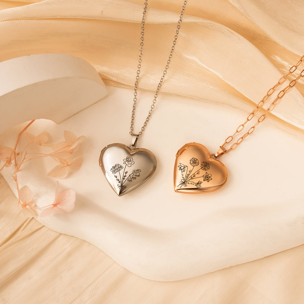 Flower Bouquet Heart Photo Locket Necklace