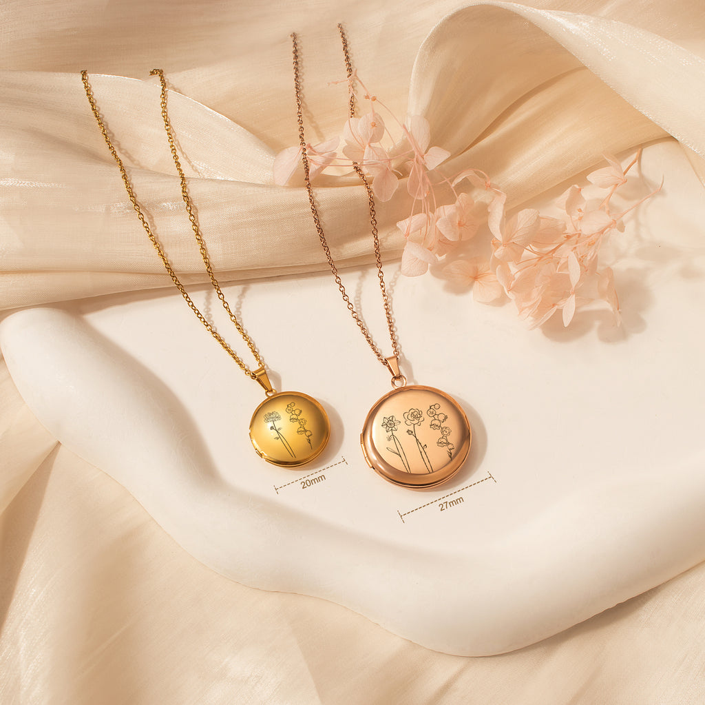 Round Birth Flower Garden Photo Locket Necklace