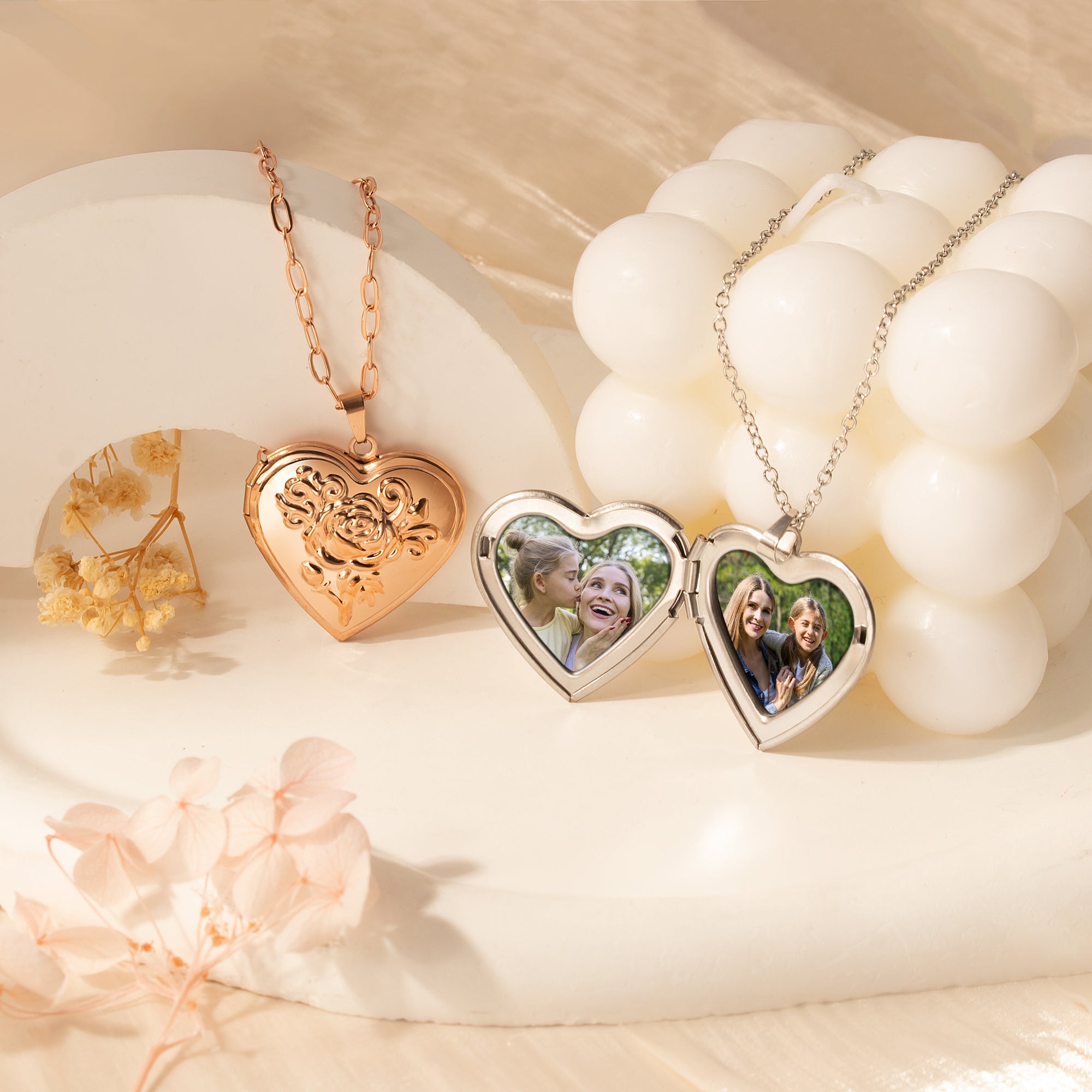 Custom Rose Photo Heart Locket Necklace