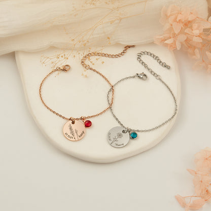 Birth Flower and Text Birthstone Charm Bracelet