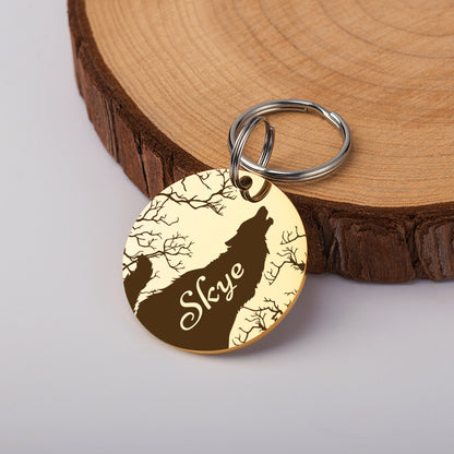 Personalize Howling Wolf Round Shaped Pet ID Dog Tag for Cat or Dog