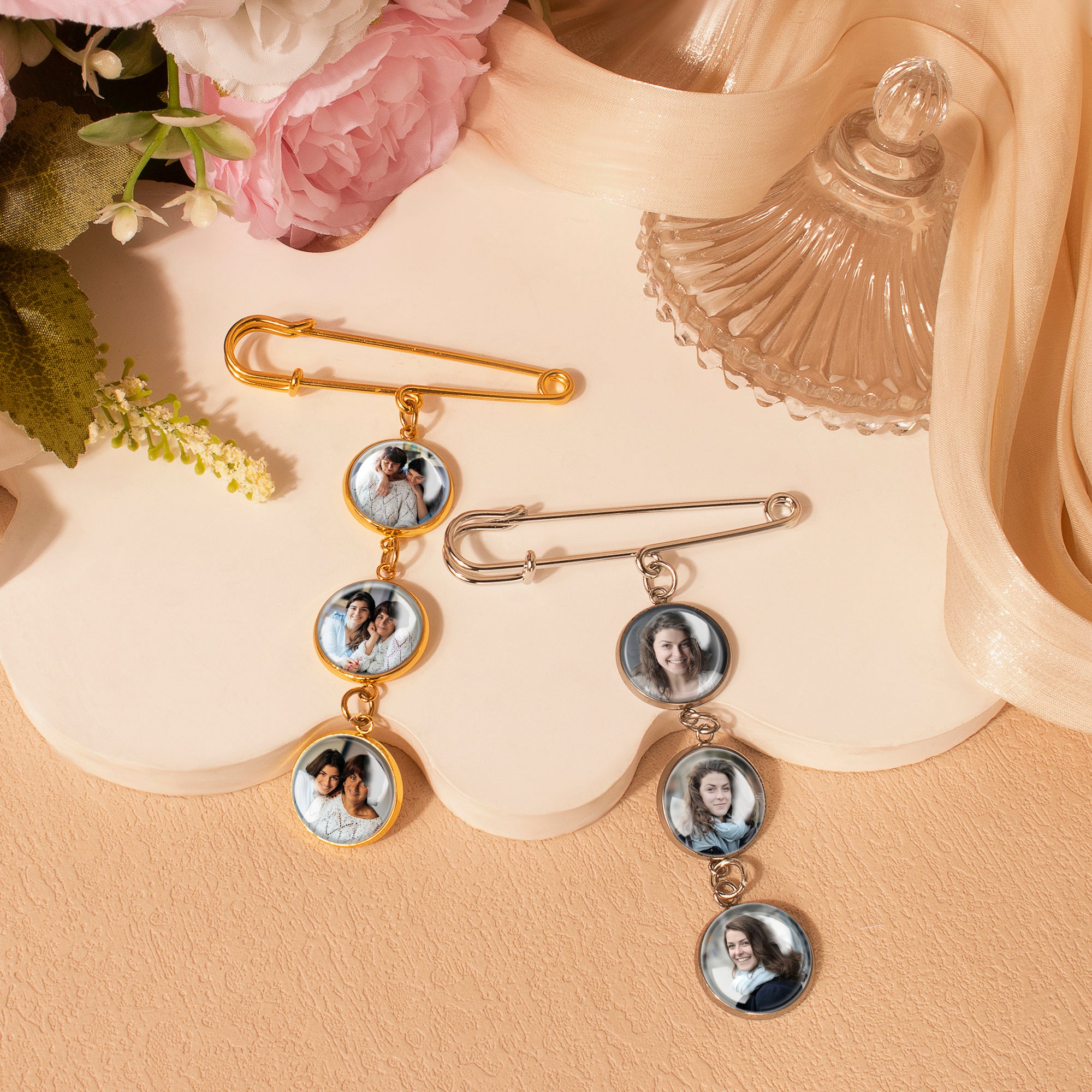 Vertical Wedding Round Photo Brooch Pin