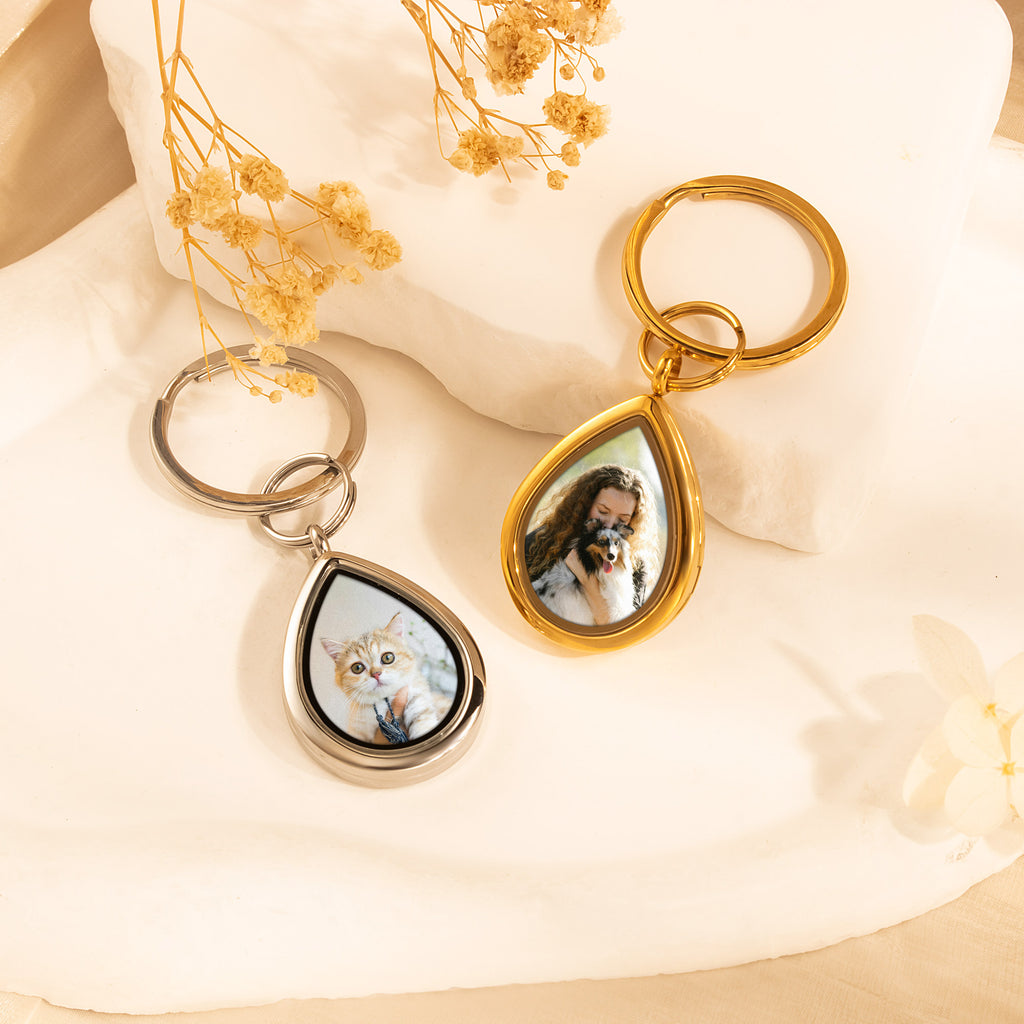 Glass Teardrop Pet Memorial Photo Locket Keychain