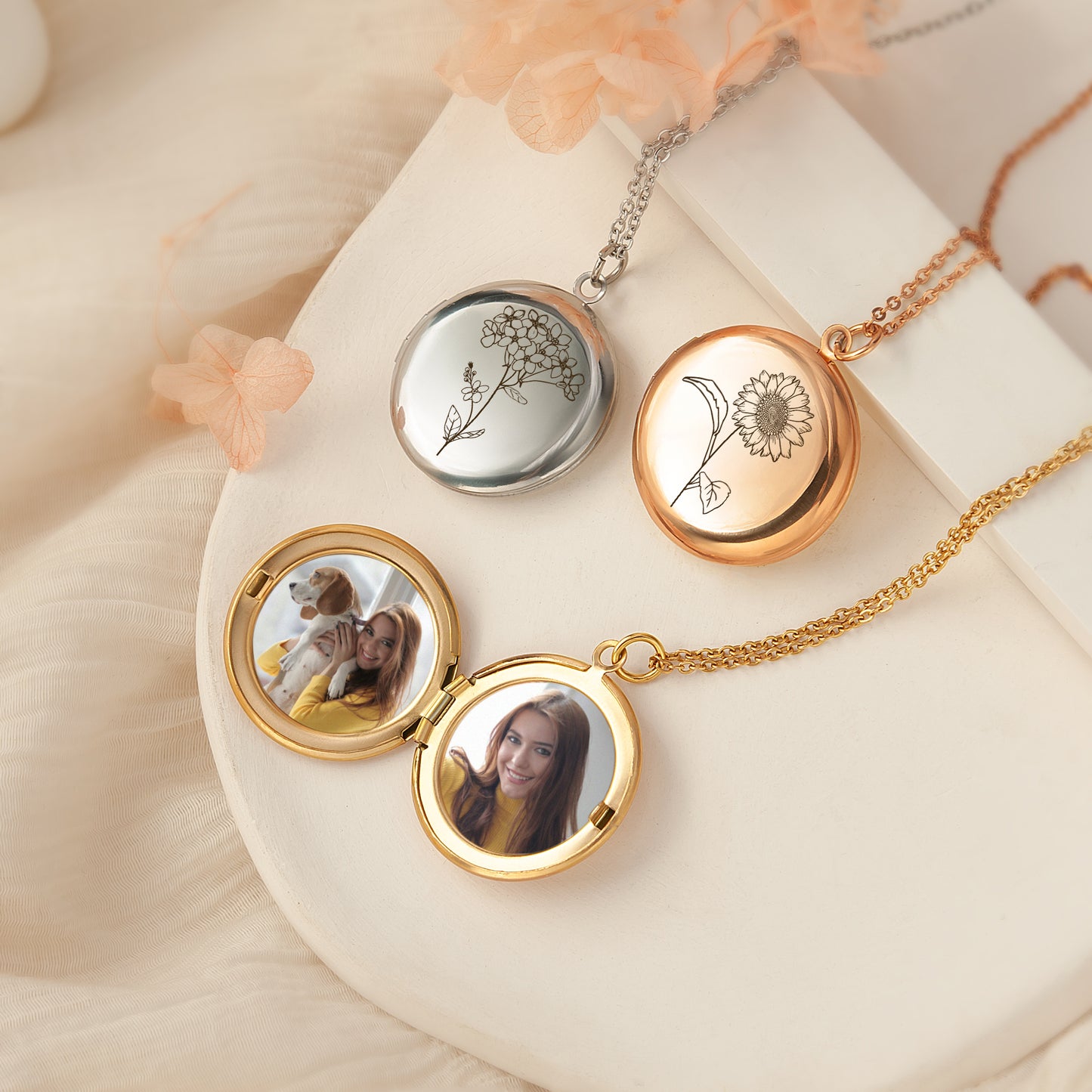 Custom Birth Flower Photo Locket Necklace