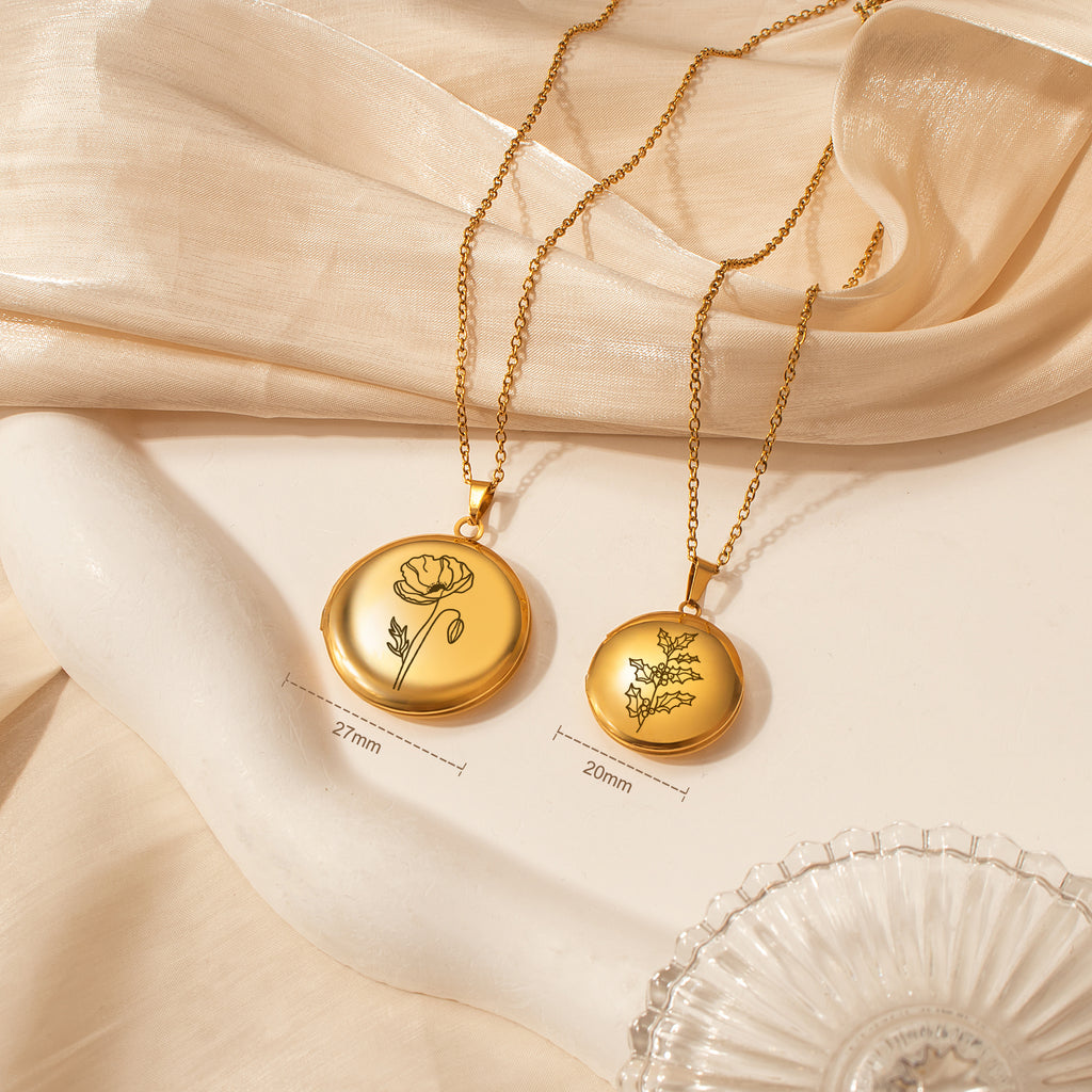 Round Birth Flower Photo Locket Necklace