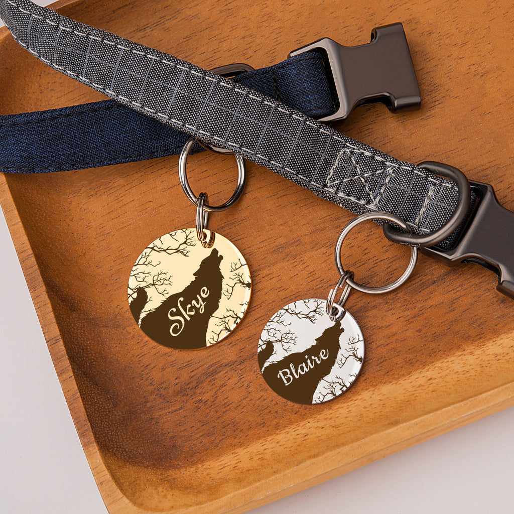 Howling Wolf Round Pet ID Dog Tag