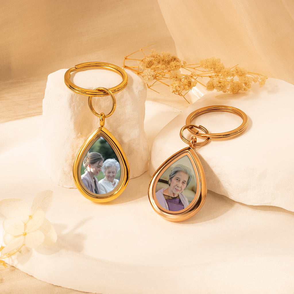 Glass Teardrop Photo Locket Memorial Keychain