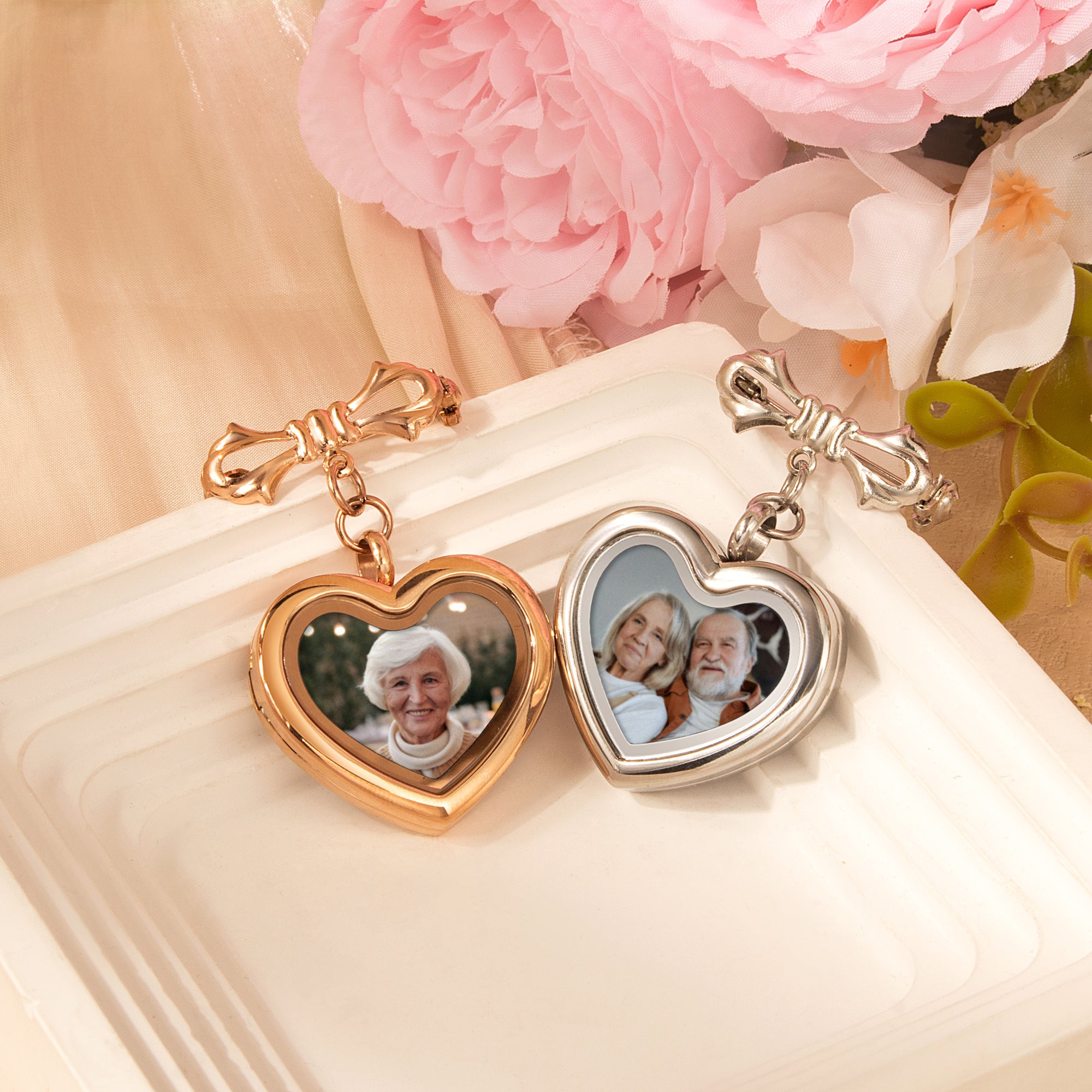 Glass Heart Wedding Photo Locket Brooch Pin