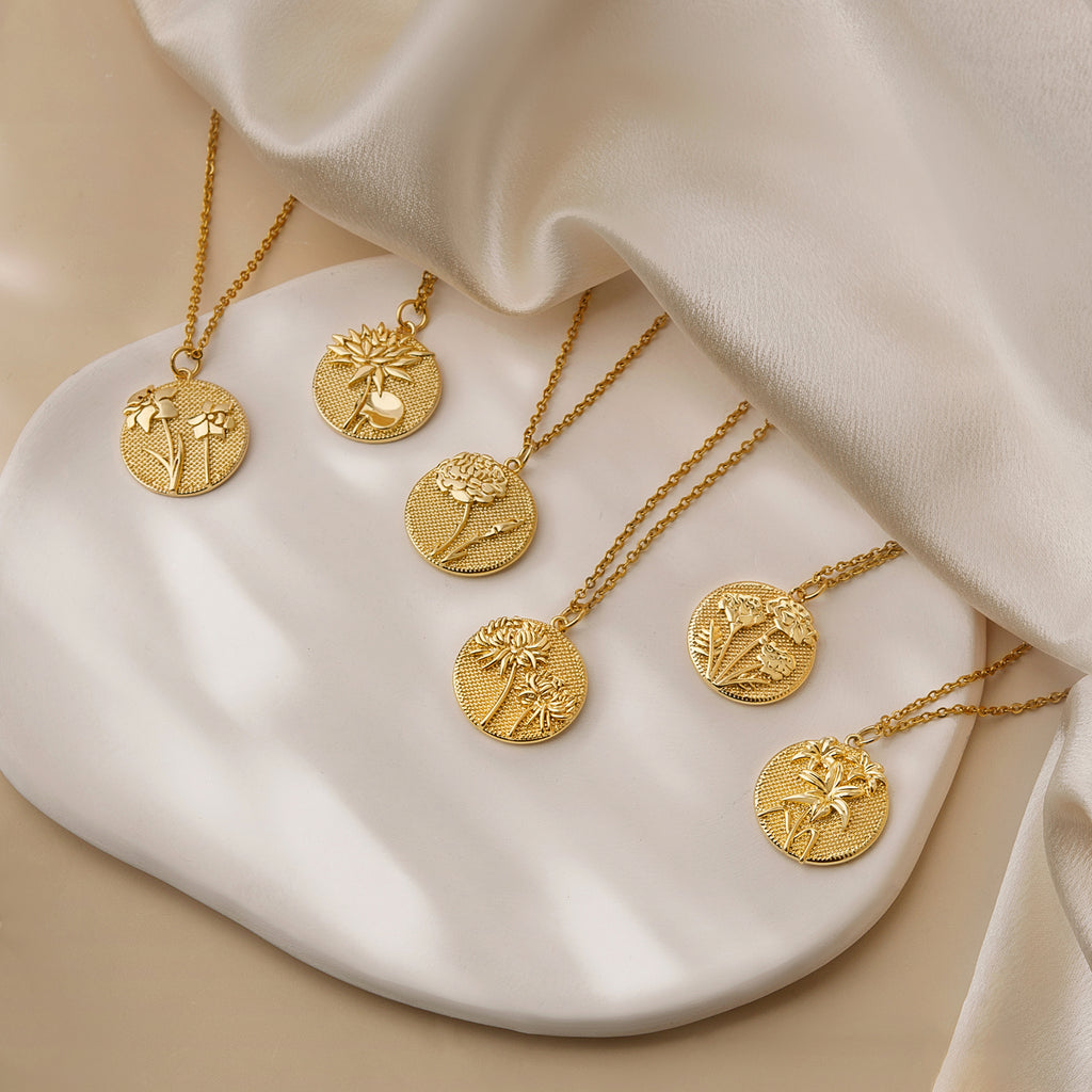 Embossed 3D Birth Flower Necklace