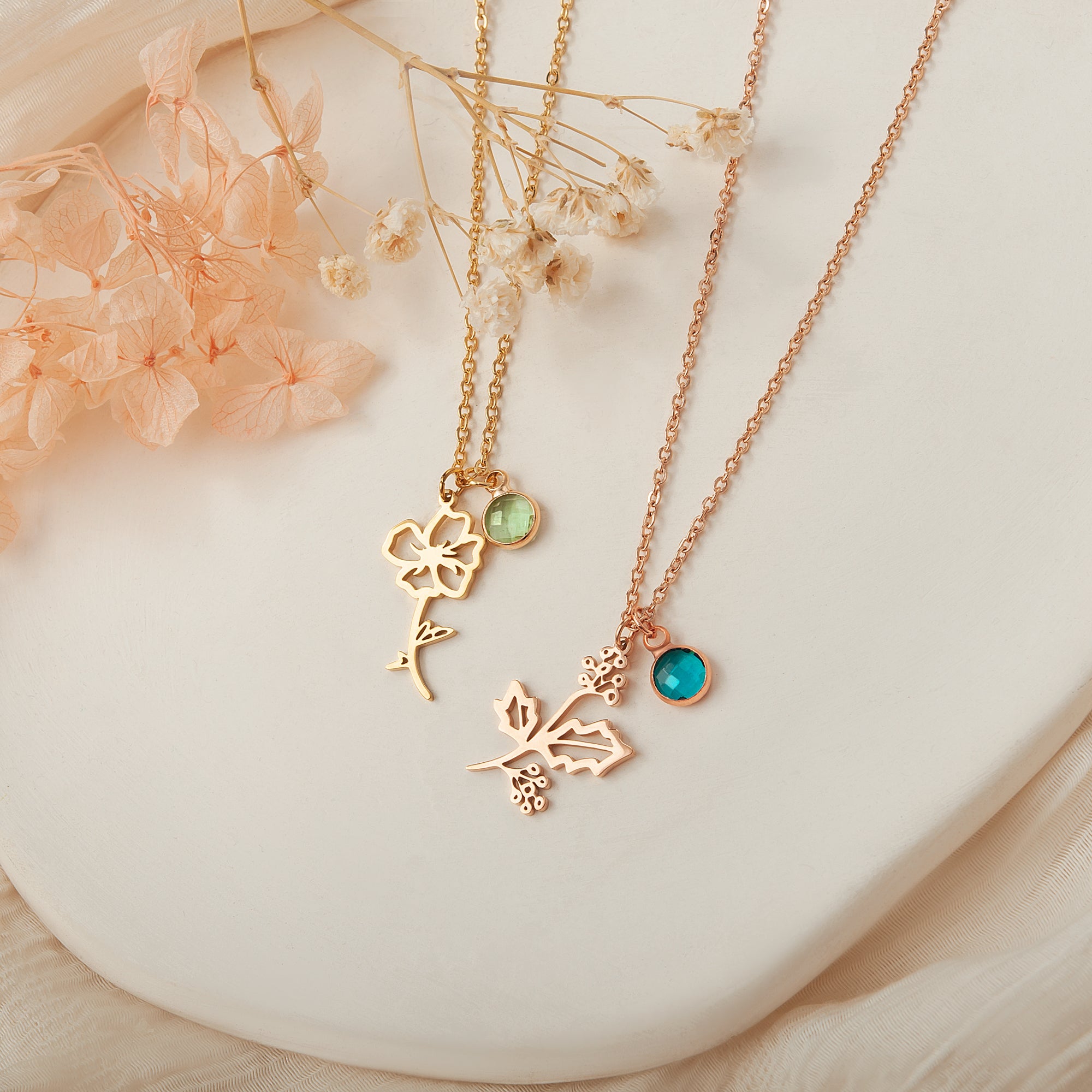 Stainless Steel Birth Flower and Birthstone Charm Necklace