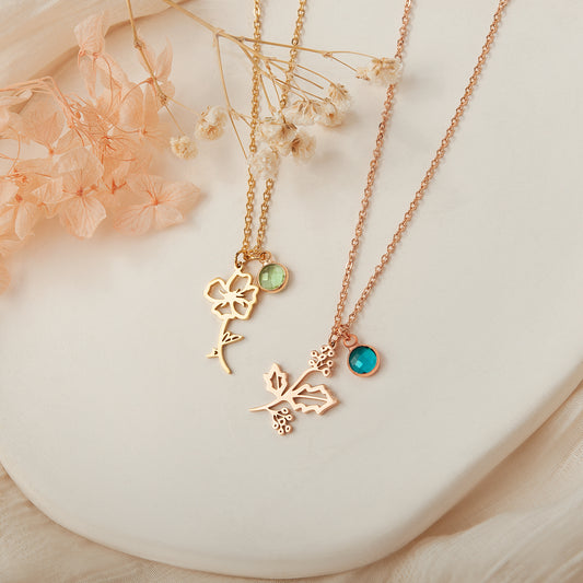 Stainless Steel Birth Flower and Birthstone Charm Necklace