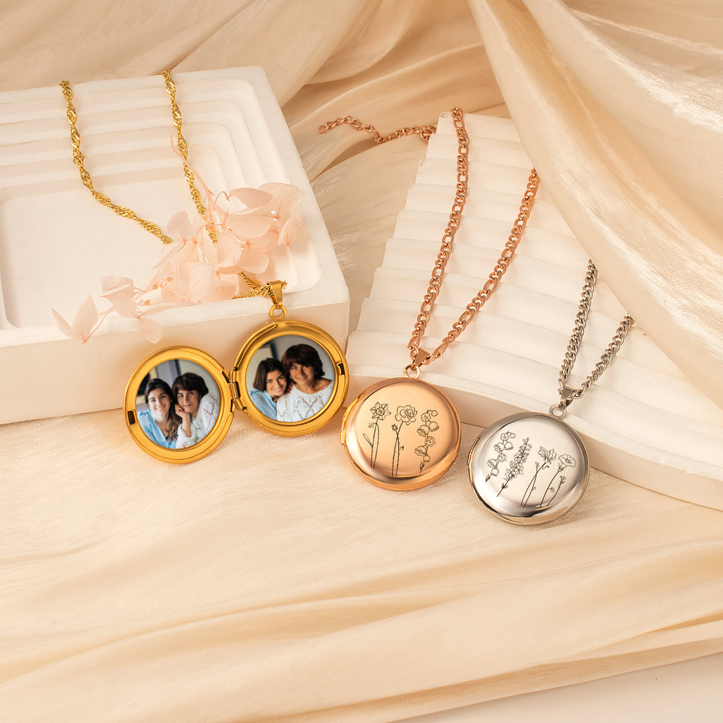 Round Birth Flower Garden Photo Locket Necklace