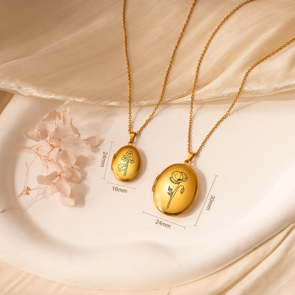 Oval Birth Flower Photo Locket Necklace