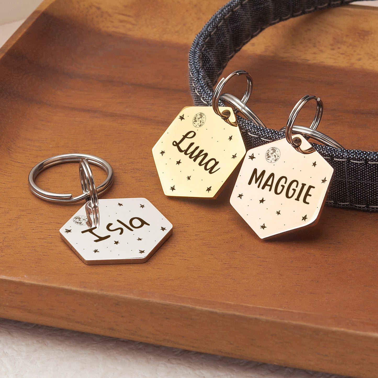 Personalized Moon Phases Hexagon Shaped Pet ID Dog Tag for Cat or Dog