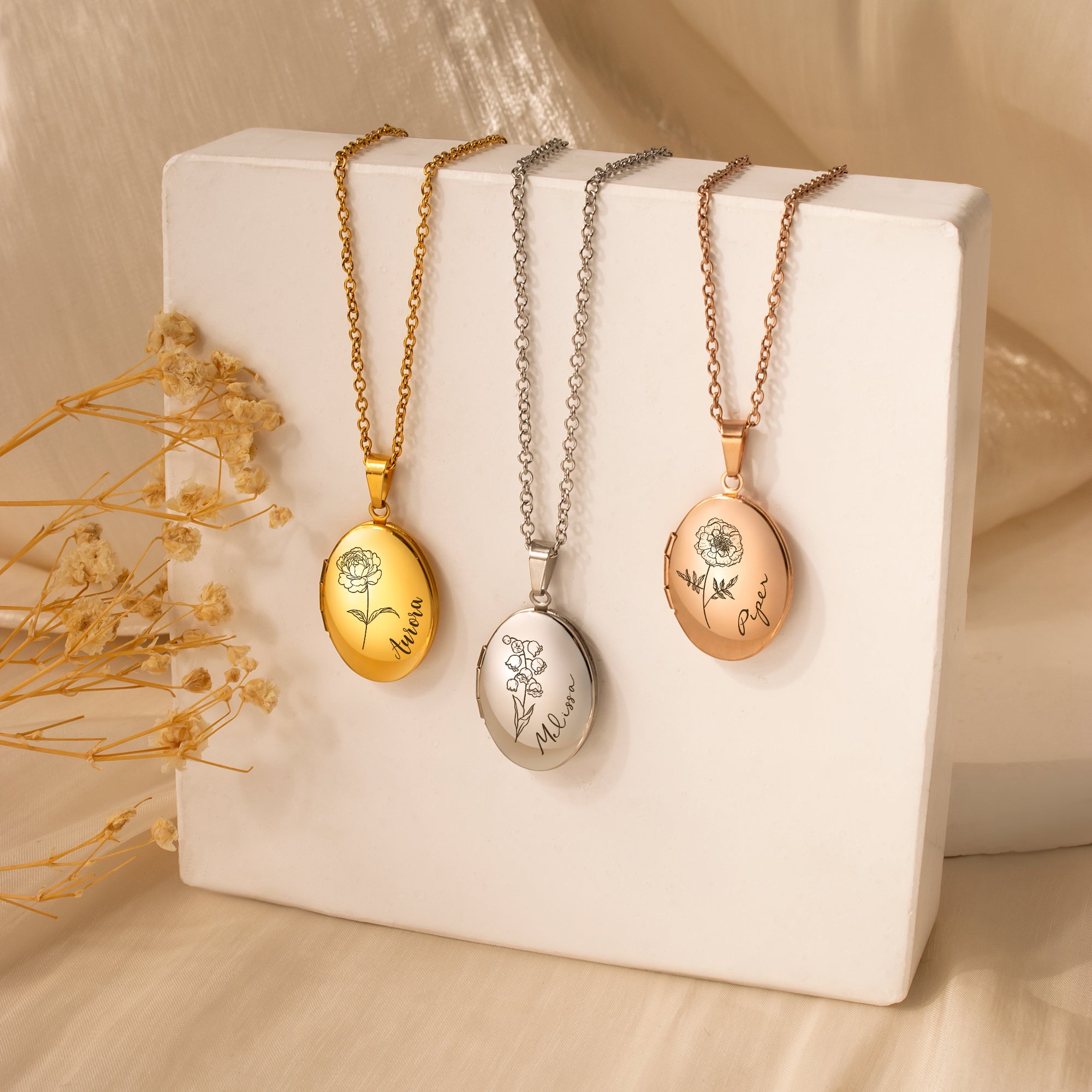 Oval Birth Flower and Name Photo Locket Necklace