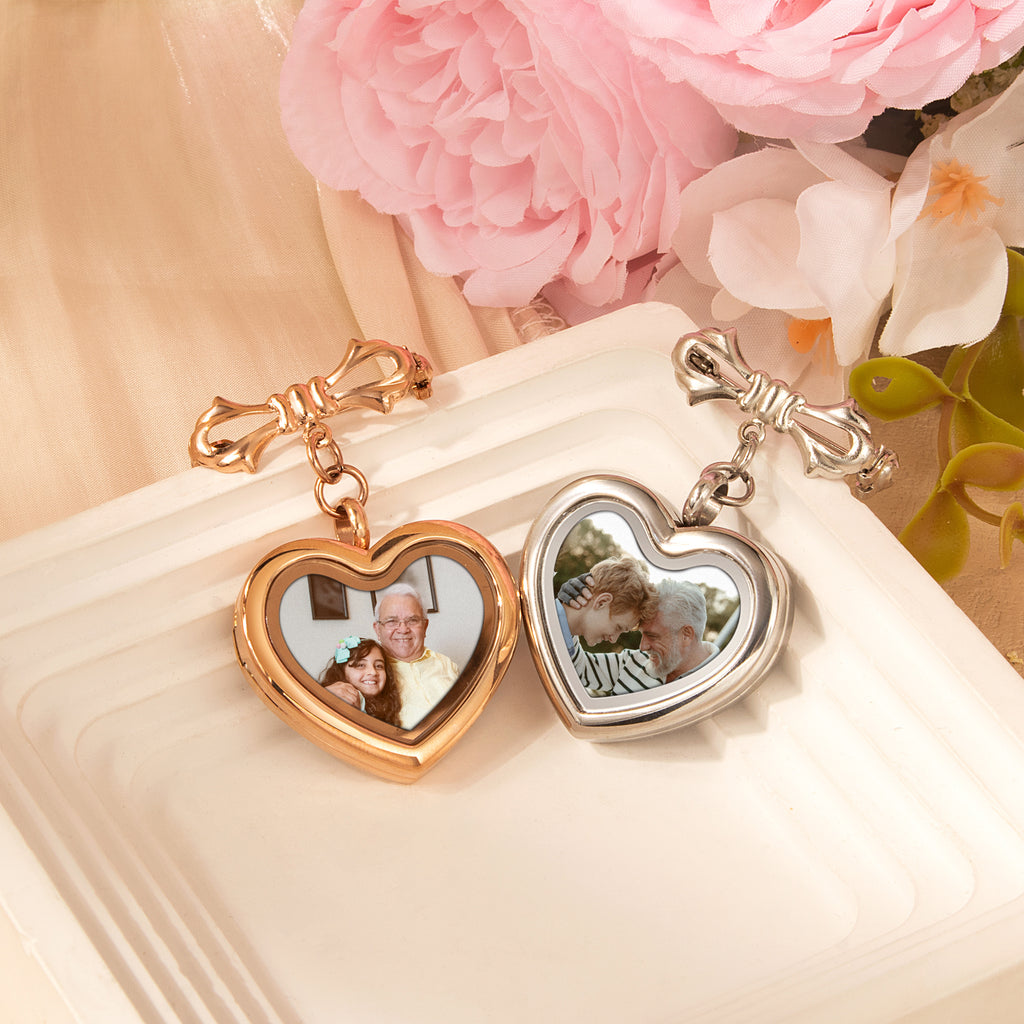 Glass Heart Graduation Photo Locket Brooch Pin