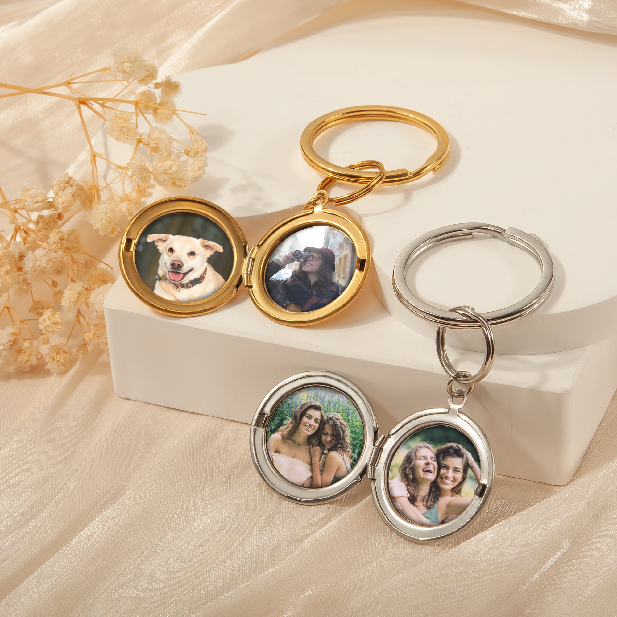 Custom Flower Photo Locket Key Chain