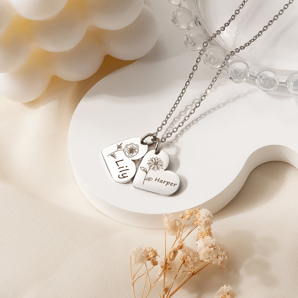 Personalized Mini Heart Text and Birth Flower Necklace