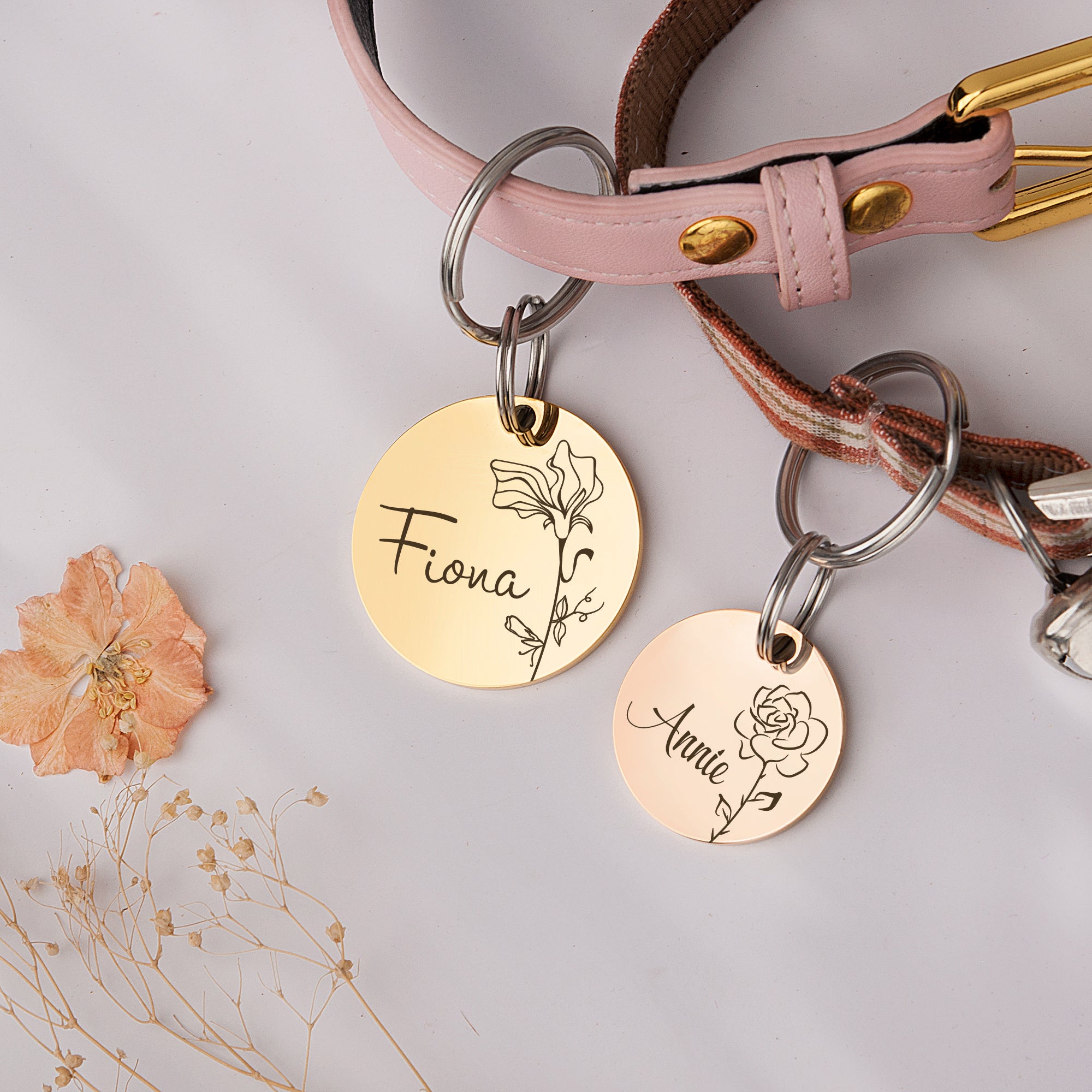 Round Birth Flower Pet ID Dog Tag