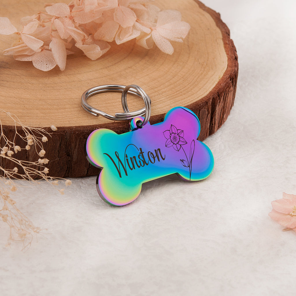 Birth Flower Dog Bone Pet Tag