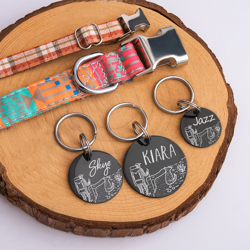 Hiking with Dog Round  Pet ID Tag