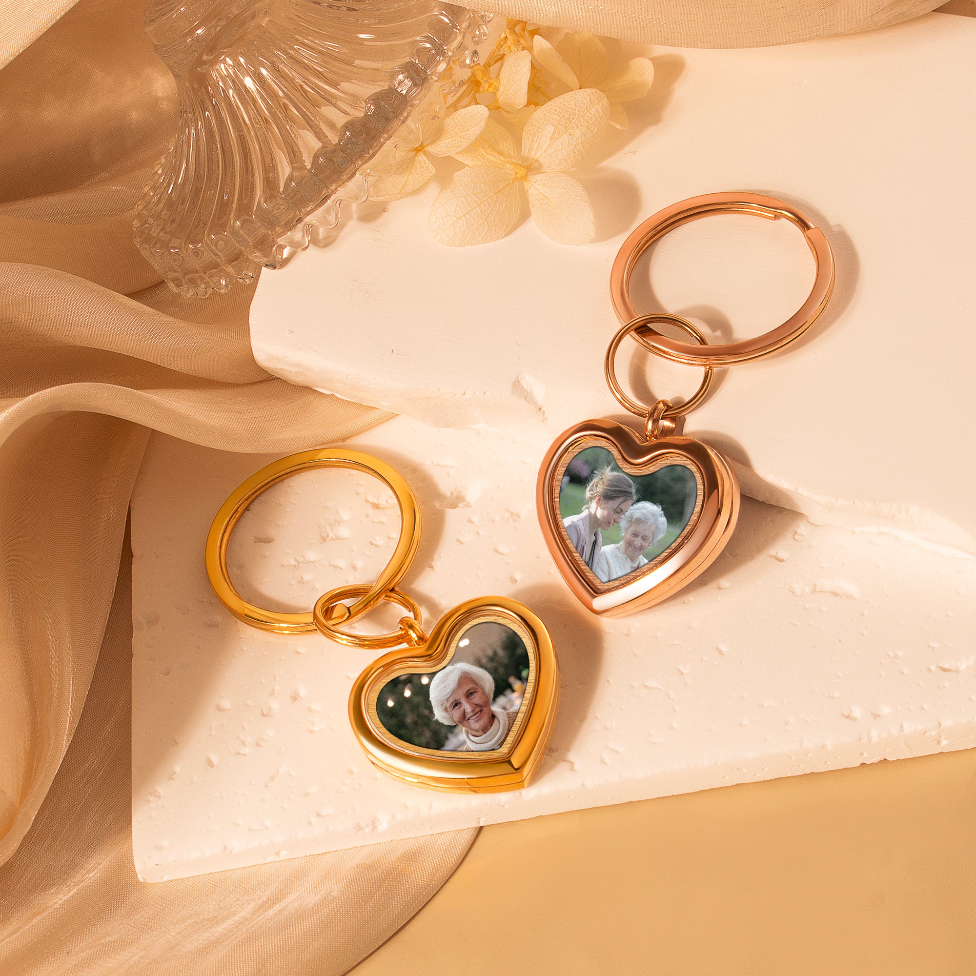 Glass Heart Photo Locket Memorial Keychain