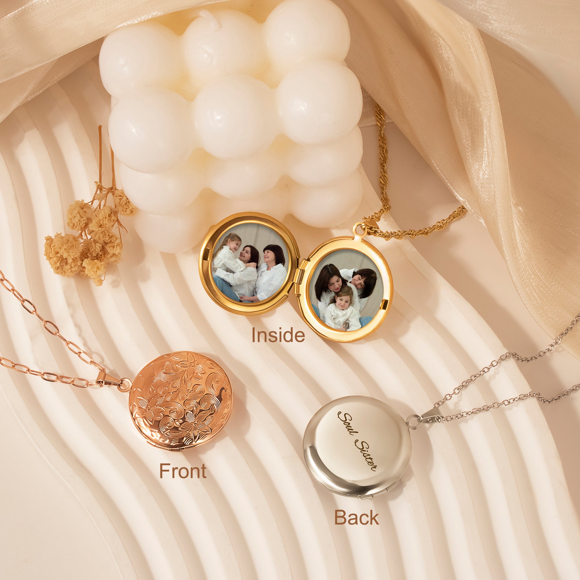 Vintage Flower Round Photo Locket Necklace