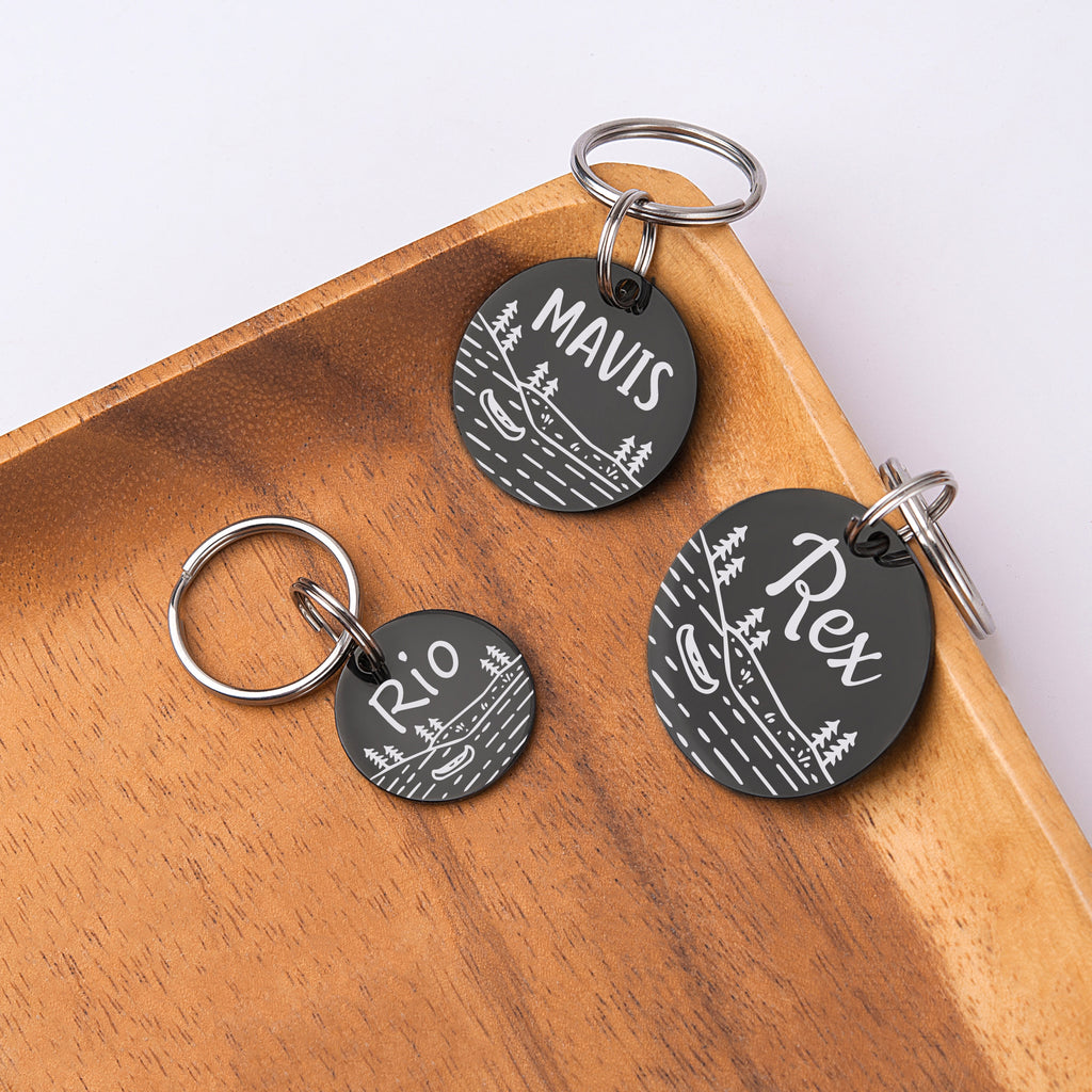 Boat in Lake Round Pet ID Dog Tag