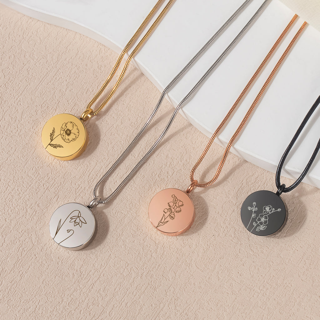 Classic Round Birth Flower Memorial Necklace