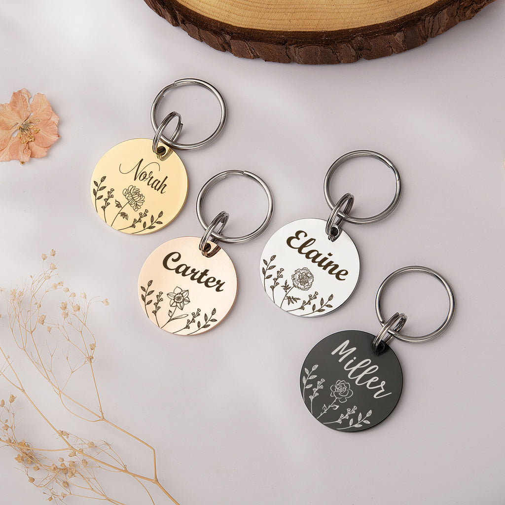 Round Birth Flower Pet ID Dog Tag
