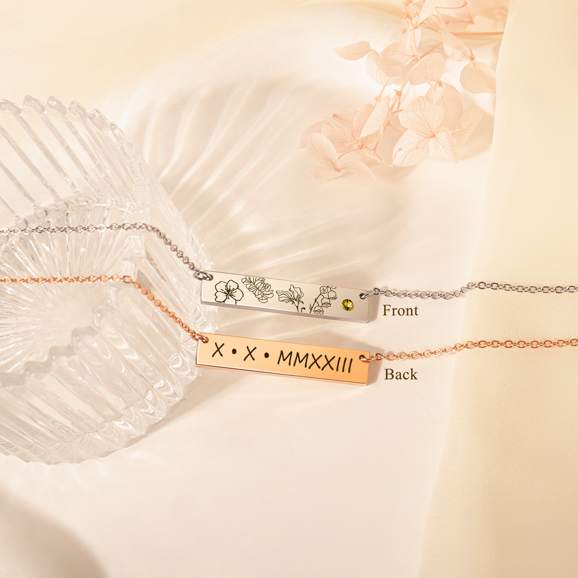 1-4 Birth Flower Birthstone Bar Necklace