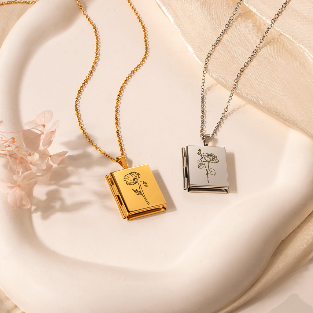 Square Birth Flower Photo Locket Necklace