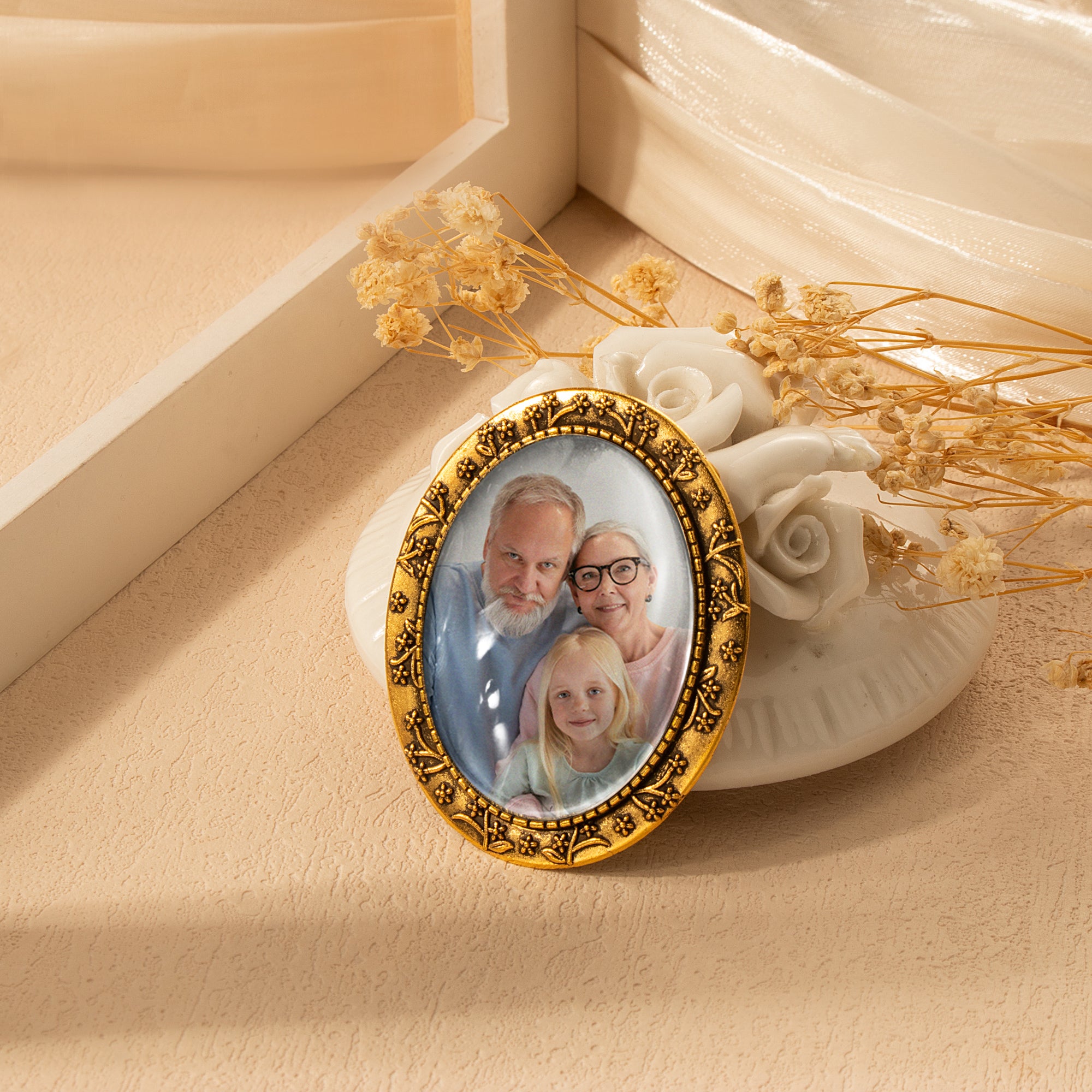 Vintage Oval Floral Memorial Graduation Photo Brooch