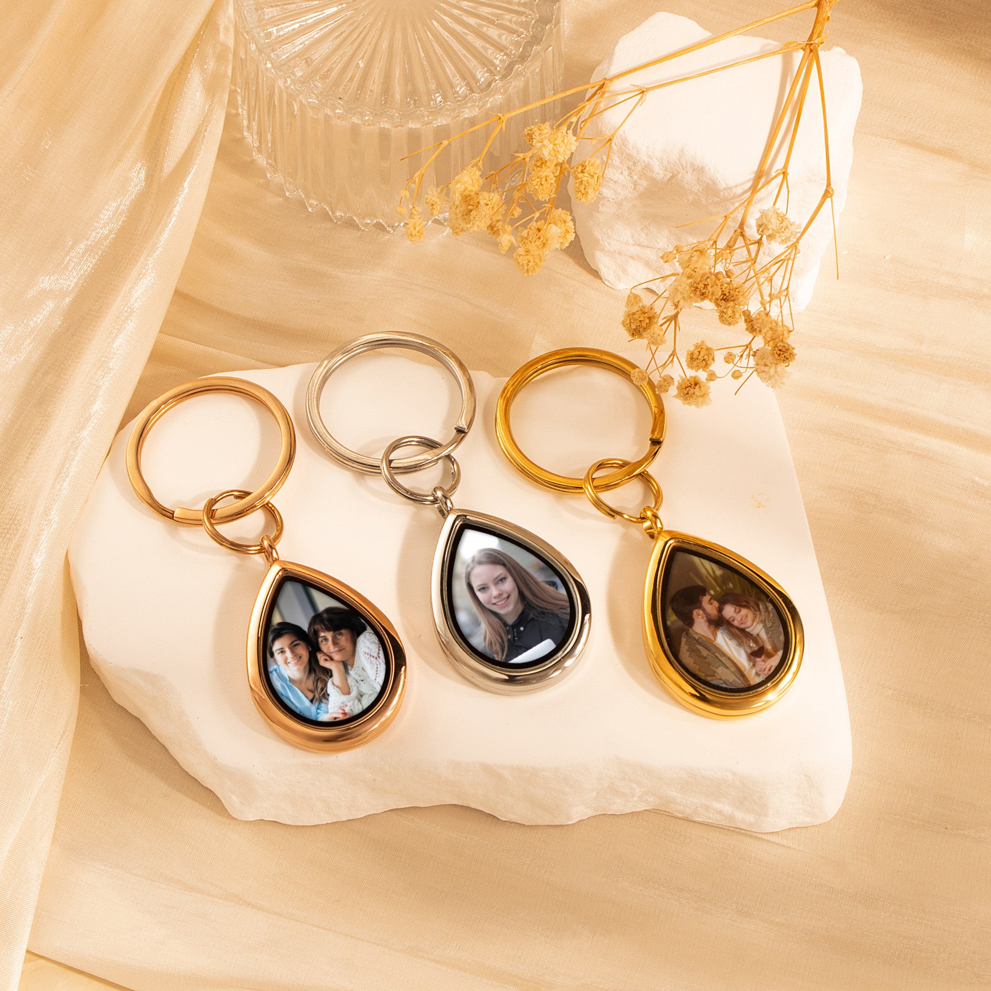 Glass Teardrop Photo Locket Keychain