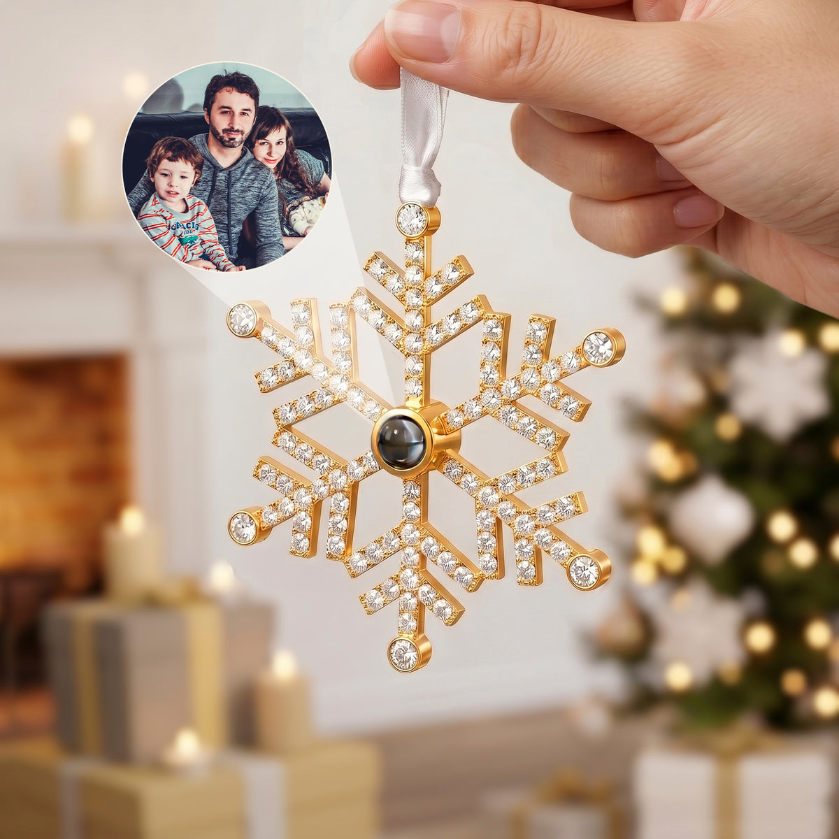 Rhinestone Snowflake Photo Projection Christmas Ornament
