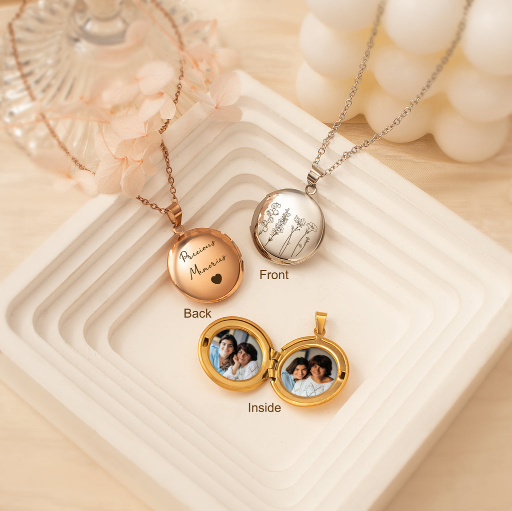 Round Birth Flower Garden Photo Locket Necklace