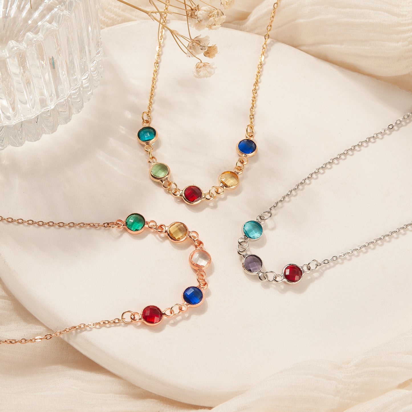 Women's Stainless Steel Connecter Birthstone Charm Necklace