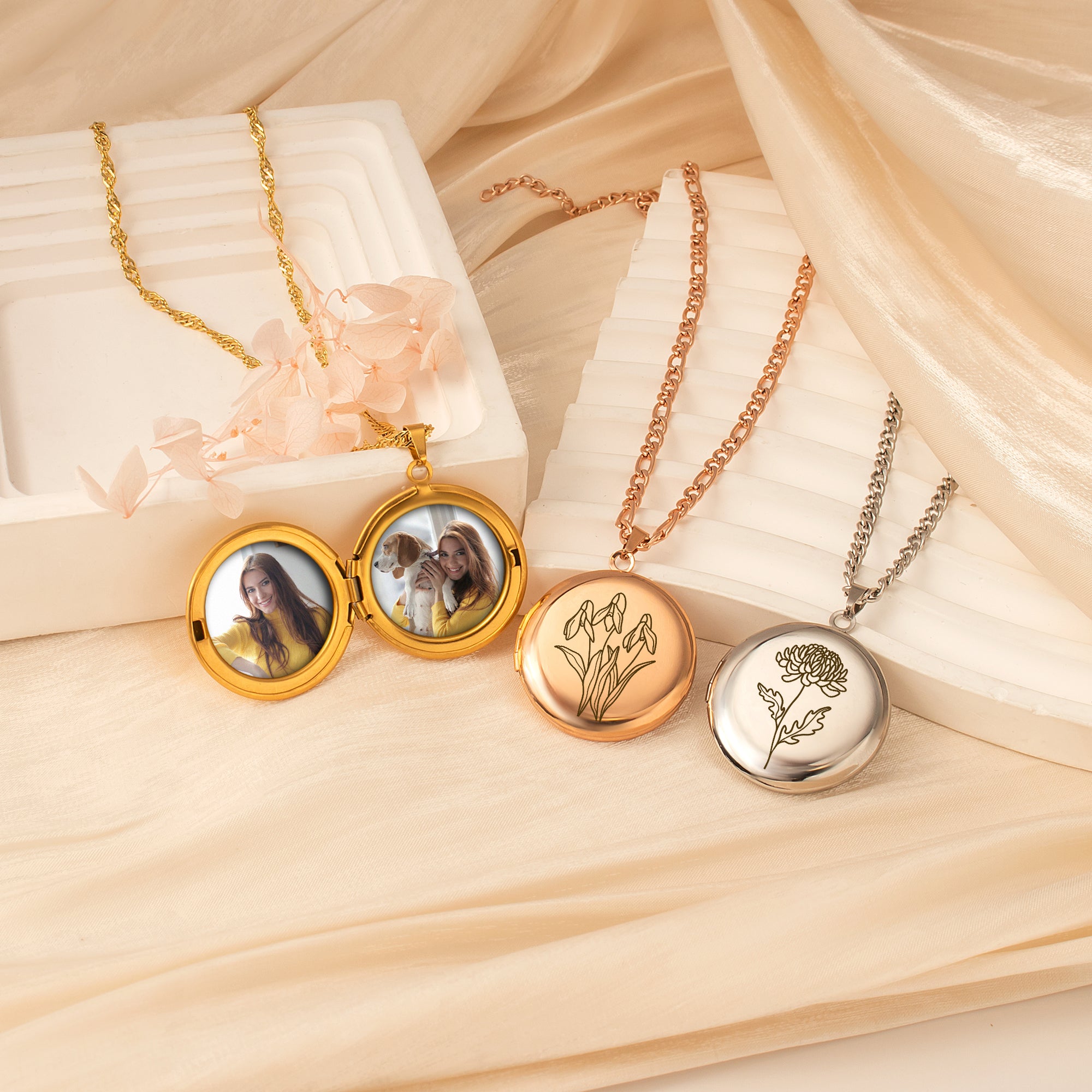 Round Birth Flower Photo Locket Necklace