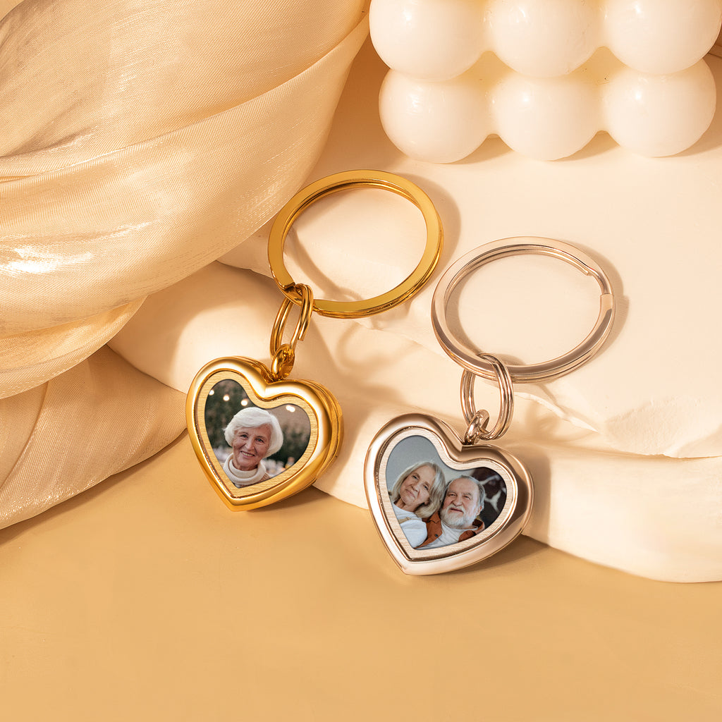 Glass Heart Photo Locket Memorial Keychain