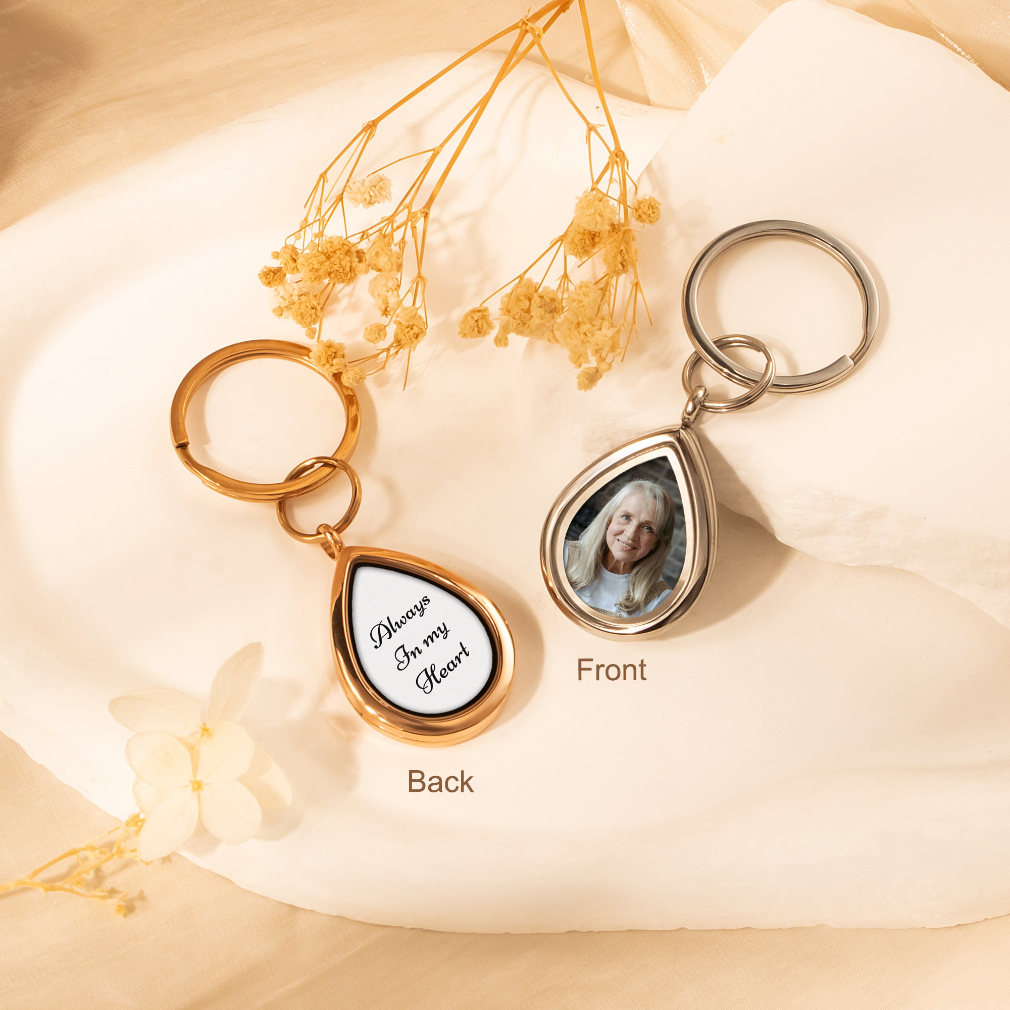 Glass Teardrop Photo Locket Memorial Keychain